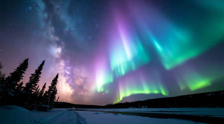 Aurora borealis, northern lights in the night sky.の素材