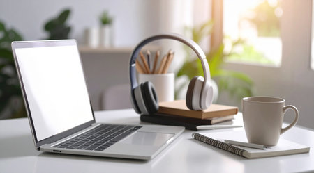 Close up of modern workplace with laptop, coffee cup and other itemsの素材