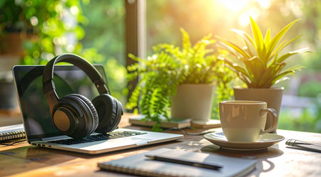 Headphones, laptop and cup of coffee on the wooden table in the morning.の素材