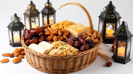 Traditional oriental sweets in a wicker basket on a white backgroundの素材