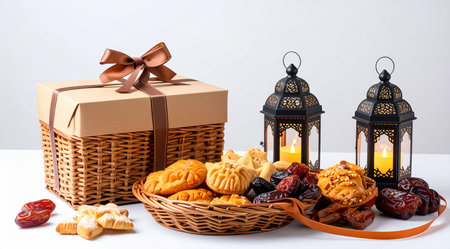 Cookies, dates and a gift box on a white background.の素材
