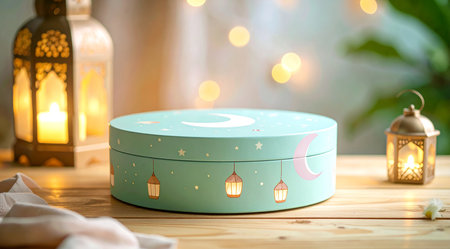 Decorative crescent moon and lanterns on wooden table. Ramadan Kareem conceptの素材