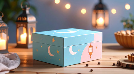 Cute gift box with crescent moon and lanterns on wooden tableの素材
