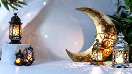 Ramadan Kareem background. Muslim feast of the holy month of Ramadan Kareem. Lanterns and crescent moon on the table.の素材