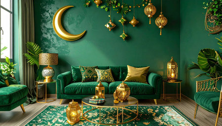Interior design of luxury living room with green sofa, gold plaids, gold lamps and crescent moon. 3D render, Ramadan Kareemの素材
