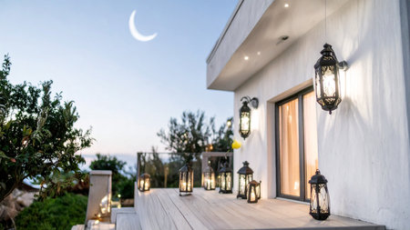 Lanterns on the terrace of a modern house.の素材