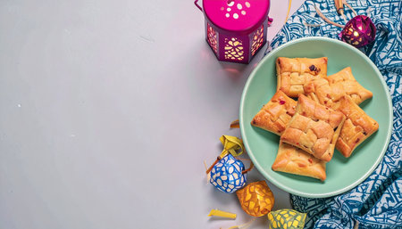 Baked puff pastry with raisins on a green plate.の素材