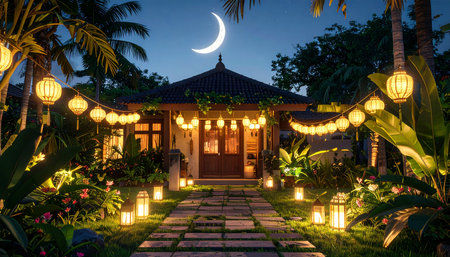 Beautiful jakarta style house at night in the garden indonesian.の素材