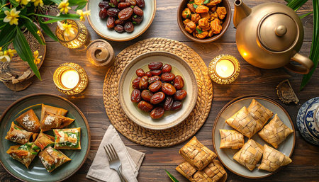 Traditional oriental sweets with dates on a wooden table. Top viewの素材