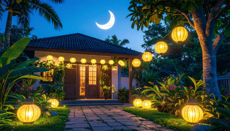 Night view of a beautiful house with lanterns in the garden.の素材