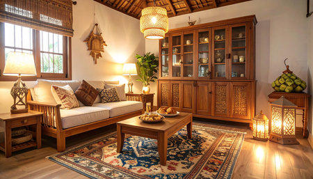 Interior of a living room in a villa with a wooden furnitureの素材