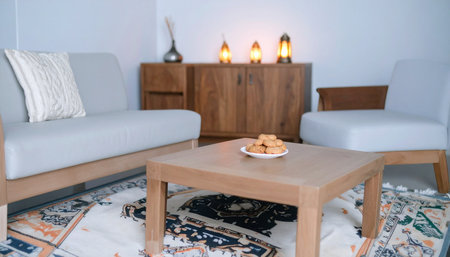 Cozy living room with a white sofa, a wooden coffee table and two sofasの素材