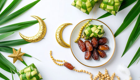 Ramadan Kareem background with dates, rice and palm leaf on white backgroundの素材