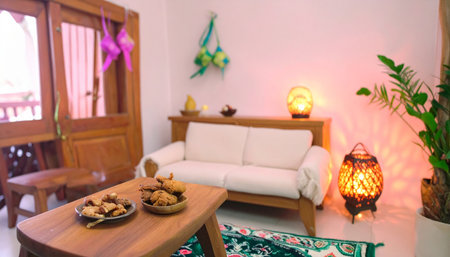 Blurred image of coffee cup and cookies on the wooden table.の素材