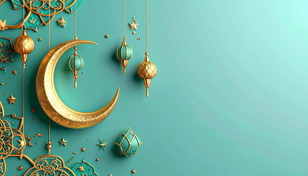 Ramadan Kareem background with golden crescent moon and stars. 3d renderingの素材