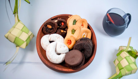 indonesian Traditional Desserts in a wooden bowl on white backgroundの素材