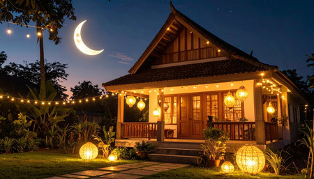 Night view of a house in the tropics with a crescent moonの素材