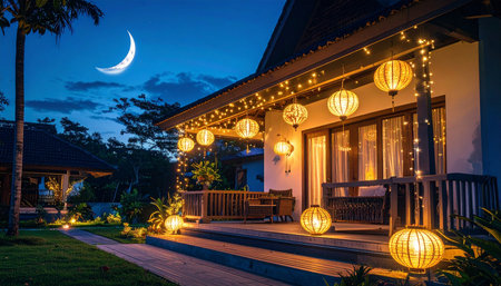 Crescent moon and light at night in the garden, indonesian.の素材