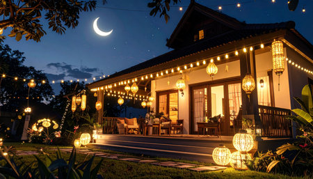 Beautiful indonesian style house at night with crescent moon and lanternsの素材
