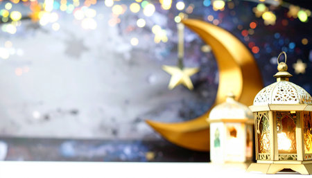 Ramadan Kareem greeting card. Arabic lantern and crescent moon on blurred backgroundの素材
