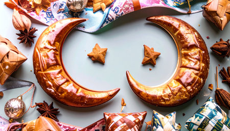 christmas background with crescent moon and gingerbread cookies, top viewの素材