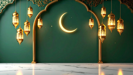 Ramadan Kareem background with arabic lanterns and crescent moonの素材