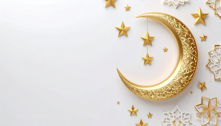Ramadan Kareem background with golden crescent moon and stars. 3d renderingの素材