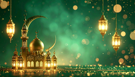 Ramadan Kareem background with mosque, lanterns and stars.の素材
