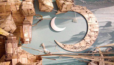 Ramadan Kareem lanterns and crescent moon on the wallの素材