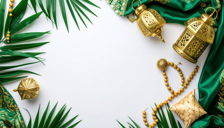 Christmas background with golden lanterns and palm leaves on a white backgroundの素材