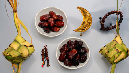 Dates fruit and rosary on the background of the moonの素材