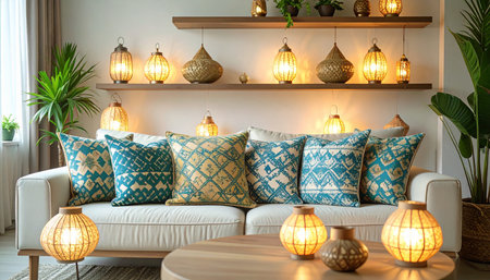 interior design of living room with set of pillows on sofaの素材