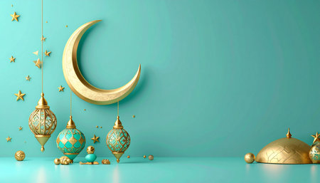 3d rendering of Ramadan Kareem background with golden crescent moon and stars.の素材