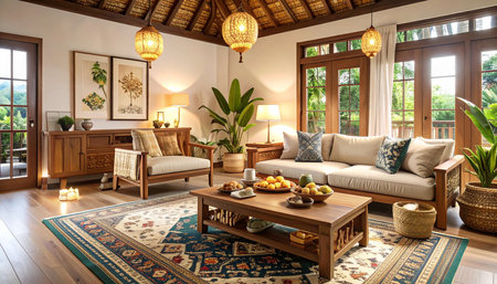 Luxury living room interior with a sofa and wooden furniture.の素材