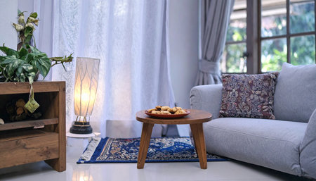 Cozy living room with sofa, coffee table, lamp and flowersの素材