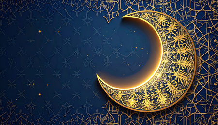 Ramadan Kareem background with golden crescent moon and stars.の素材