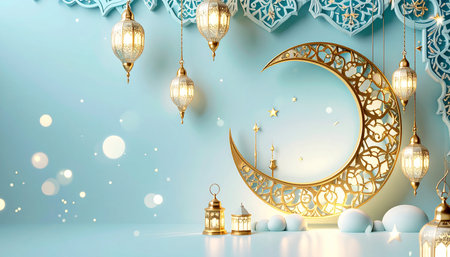 3d rendering of Ramadan Kareem background with gold crescent moon and lanternsの素材