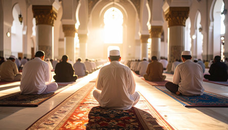Muslim people praying at the mosque in the evening. Muslim prayer in the mosque.の素材