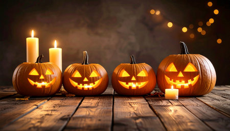 Halloween pumpkins with candles on wooden background. Halloween concept.の素材