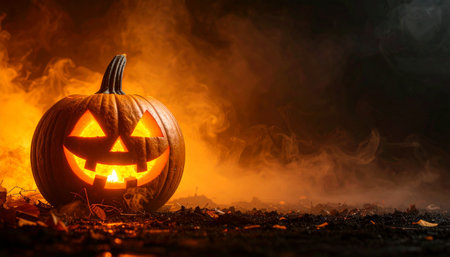 Halloween pumpkin with scary face on black background with smoke and fireの素材