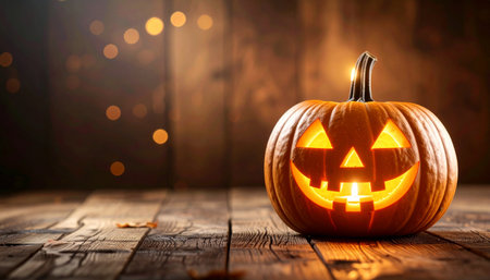 Halloween pumpkin on wooden background with bokeh lights and copy spaceの素材