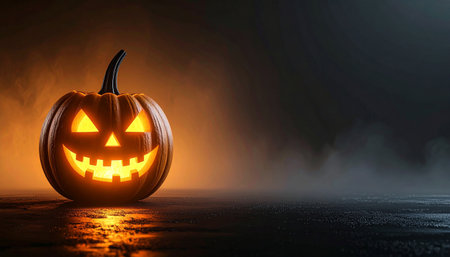 Halloween pumpkin on dark background with fog. 3D rendering.の素材