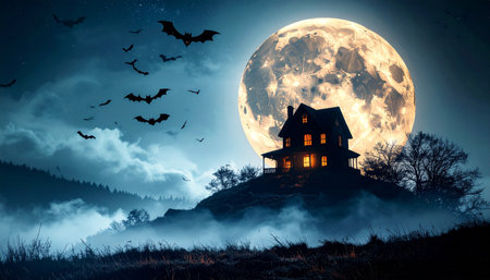 Halloween background with haunted house and bats flying at full moon nightの素材