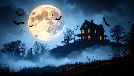 Halloween background with haunted house, bats and moon on the sky.の素材
