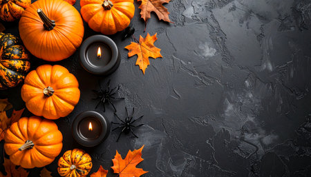 Halloween pumpkins and candles on dark background top view mockupの素材