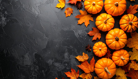 Autumn background with pumpkins and leaves. Top view with copy spaceの素材