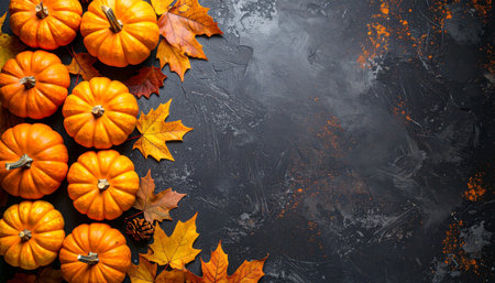 Autumn background with pumpkins and leaves. Top view with copy spaceの素材