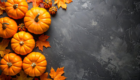 Autumn background with pumpkins and leaves. Top view with copy spaceの素材