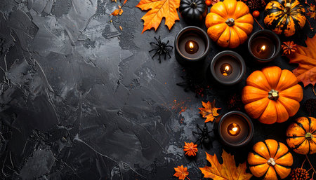 Halloween background with pumpkins, candles and autumn leaves on dark backgroundの素材