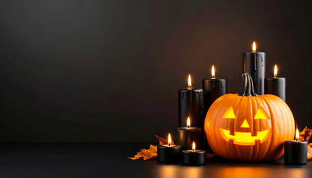 Halloween pumpkin with burning candles on dark background, space for textの素材